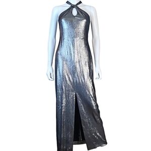 Vintage Alex Evenings Metallic Pewter Halter Back Zip Front Slit Formal …